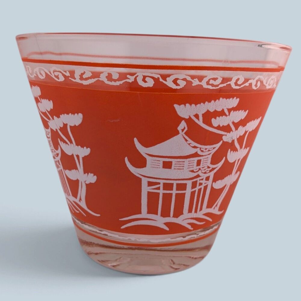 Vintage Hazel Atlas Dyball Pagoda Coral Glass Ice Bucket MCM 5" x 6"